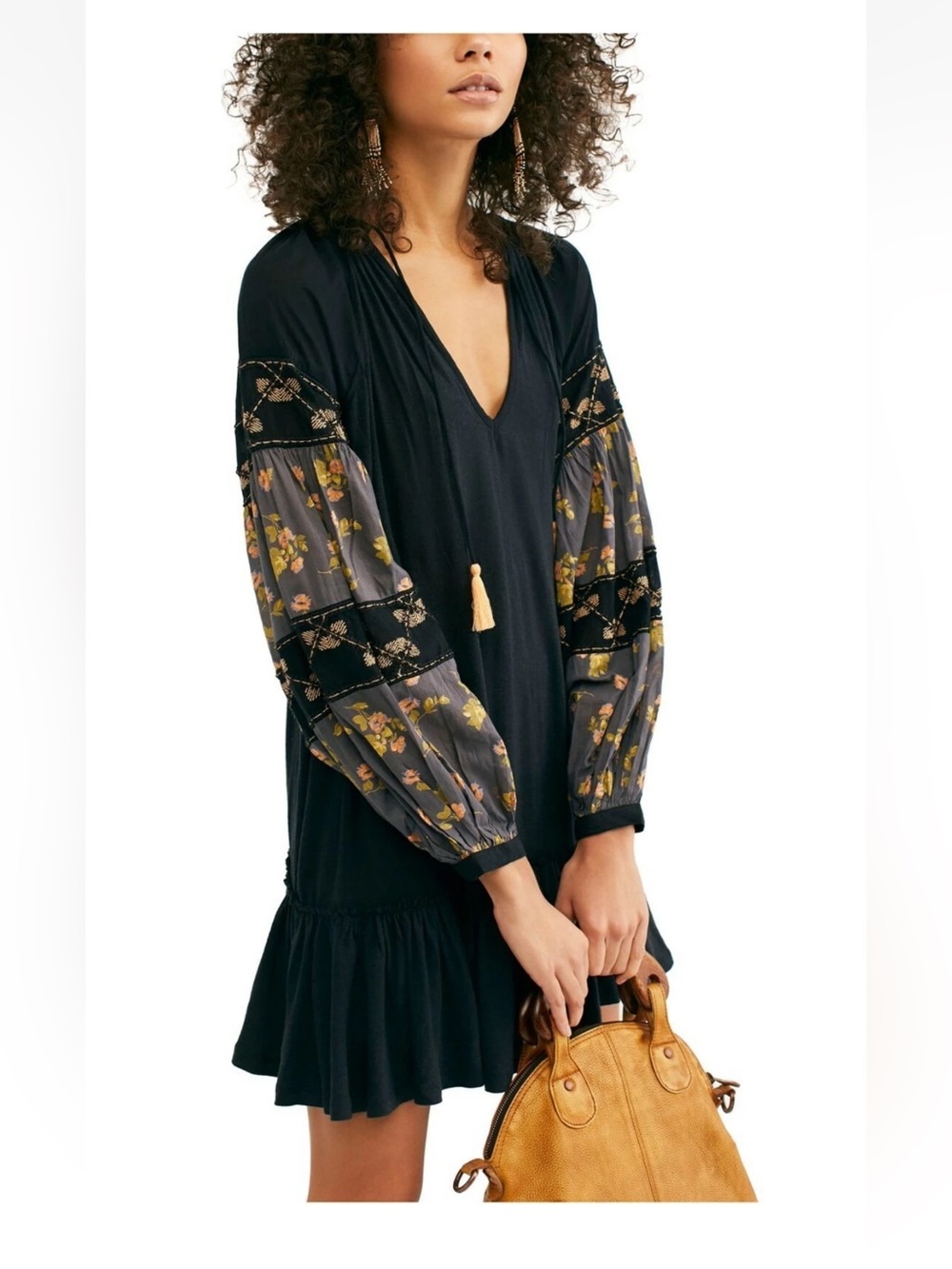 Free People Mix It Up Black Balloon Sleeve Floral Ruffled Tunic Top medium